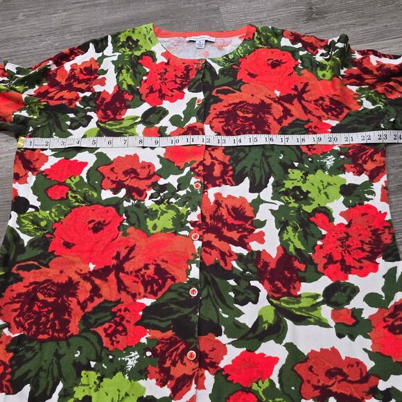 Isaac Mizrahi Live! Red & Green Floral Print Crew Neck Button Front Cardigan - Picture 4 of 6